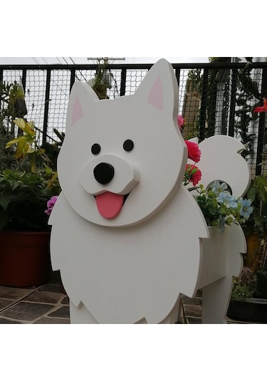 Neevoyu Ahşap Köpek Figürlü Saksı - Samoyed Desenli, Dışarıdışı Kullanım, Bahçe Ve Ev Dekorasyonu, Bitki Taşıyıcı S Boyutu