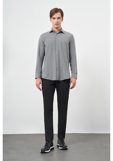 Füme Uzun Kol Düz Gabardin Sert Yaka Cepli Pamuklu Classic Comfort Fit Gömlek 1004245168 Füme
