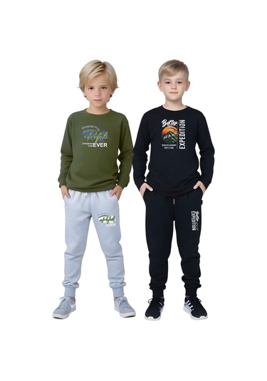 2li Erkek Çocuk Baskılı Sıfır Yaka Mevslimlik Alt-üst Takım Haki - Lacivert