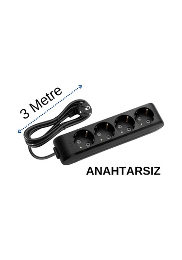 Viko 4'lü Dörtlü Priz Topraklı Kablolu Siyah 3 Üç Metre