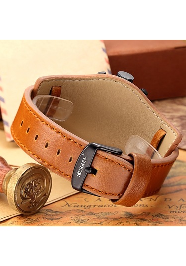 Suofeng Curren 8225 Erkek Spor Kol Saati Büyük Kasa Beyaz Ekran Kahverengi Deri Kemer-iç/ Dış Mekanlar İçin Dayanıklı Tasarım Siyah