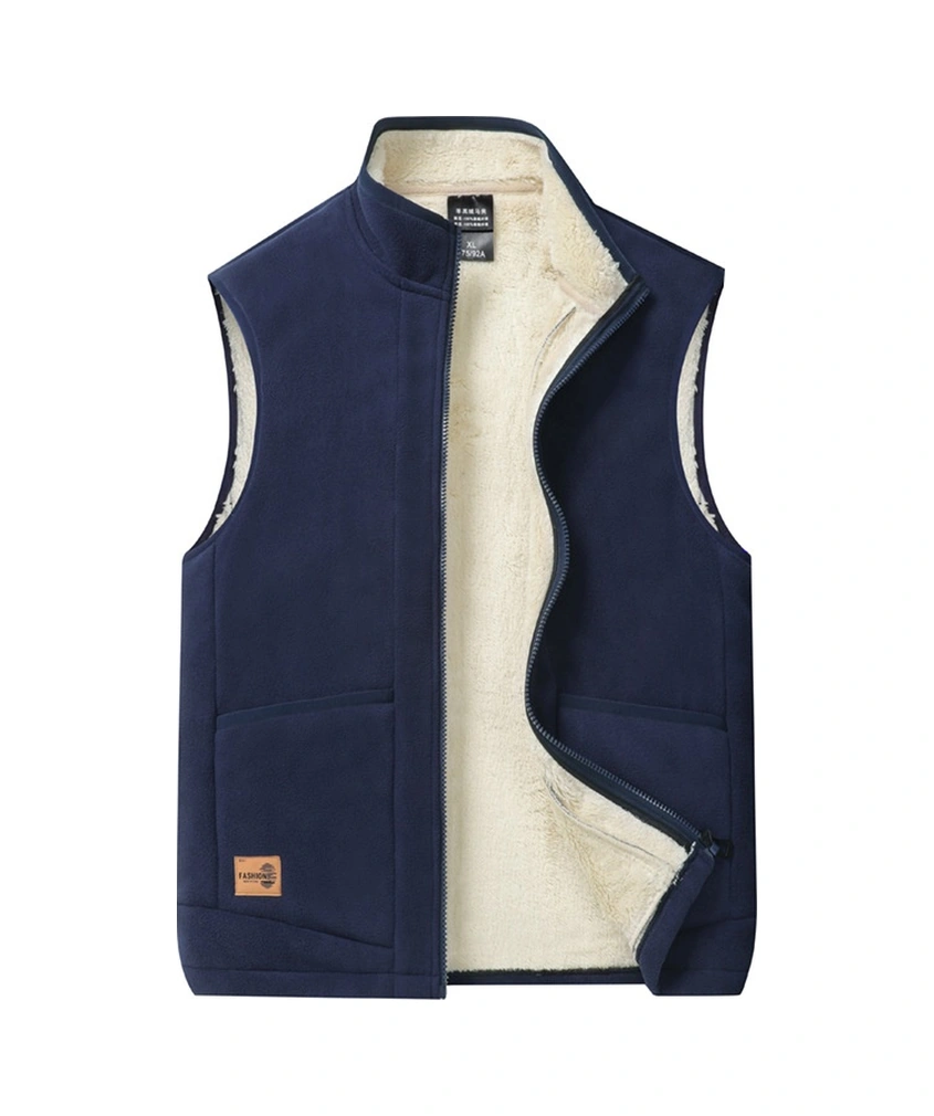 Erkek Sonbahar Ve Kış Kuzu Derisi Yelek Casual Plus Kadife Çift Taraflı Polar Sıcak Yelek Ceket Mavi