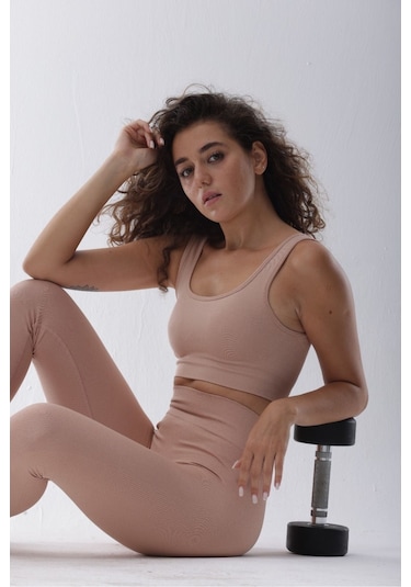 Seamless Pudra Normal Bel Fitted Basic Sporcu Tayt Takımı Pudra