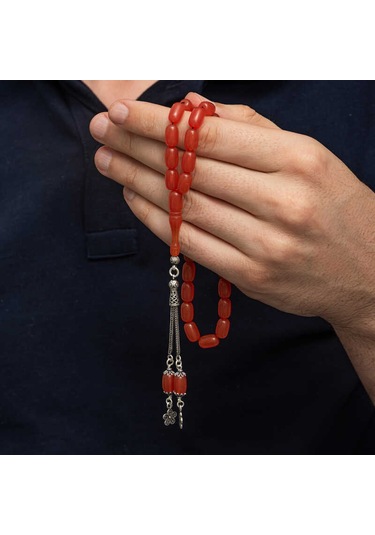 Gümüş Püsküllü Kapsül Kesim Sıkma Kehribar Tesbih Sl12597 Gümüş