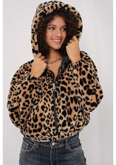 Gabria Kapişonlu Desenli Kısa Mont Leopar