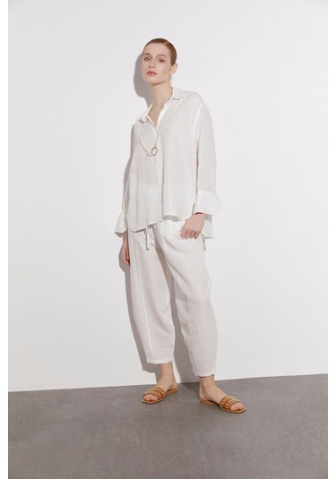 Kadın Keten Gömlek Pantolon Takım Beyaz