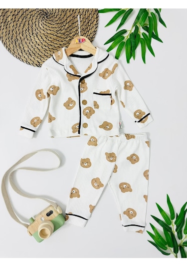 Bear Önden Düğmeli Mevsimlik 2 Parça Pjama Takımı Kahverengi
