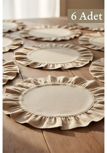 Pamuklu Fırfırlı Supla 6'lı Set Amerikan Servis 33 Cm Çap Supla 6'lı Bej