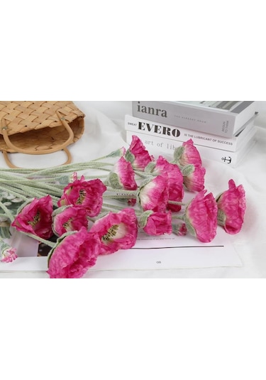 Yapay Çiçek Gelincik Çiçeği Fuşya Renk 3 Çiçek 1 Tomurcuk 59cm