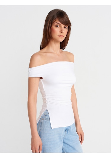 Dilvin 31865 Omuzları Açık Büzgülü Top-beyaz Beyaz