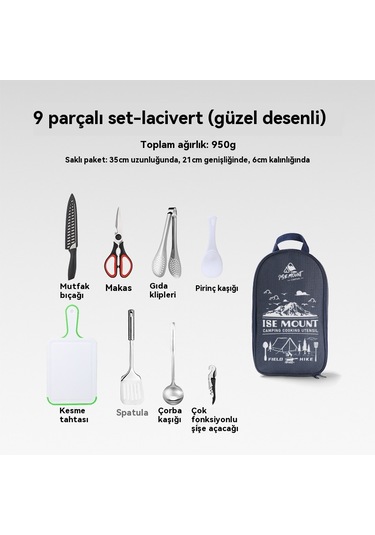 Açık Ocak Dokuz Parçalı Kamp Barbekü Paslanmaz Çelik Kesici Kesme Tahtası 9 Parçalı Lacivert Baskı Seti Lacivert