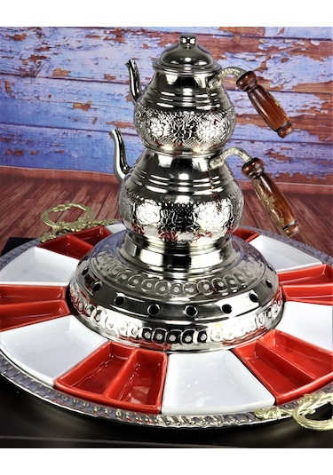 Sultan Nikel Kaplama Isıtıcılı Bakır Çaydanlık ve Kahvatı Seti