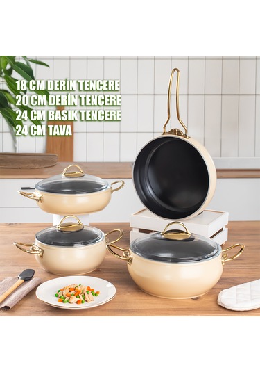 Lines L-5094-1 Yonca Güveç 7 Parça Tencere Seti - Krem Altın Kulp
