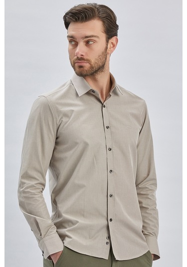 Erkek Uzun Kollu Bez Ayağı Sert Yaka Cepsiz Klasik Slim Fit Dar Kesim Gömlek 1004240230-camel Camel
