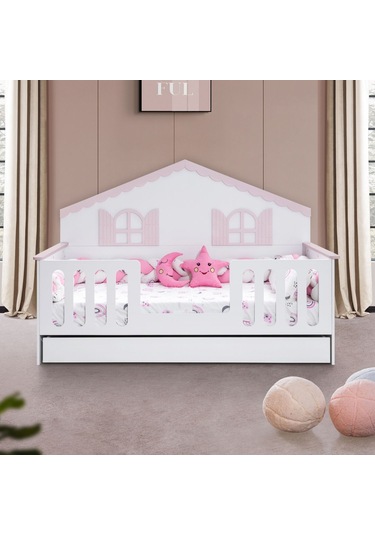 Poli Çocuk Odası Takımı, Poli Yavrulu Karyola, Flower 3 Kapaklı Dolap, Şifonyer - Pembe Renkli