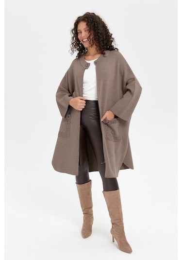 Kadın Dik Yaka Cebi Gül İşlemeli Fermuarlı Panço Vizon Vizon