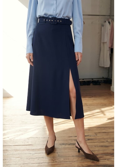 Sateen Kemerli Yırtmaç Detaylı Kloş Etek - Lacivert-137418