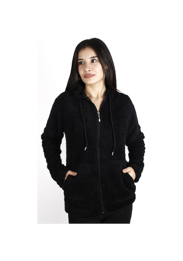 Kadın Siyah Peluş Yumoş Fermuarlı Kapüşonlu Cepli Welsoft Ceket 22kckteres 001