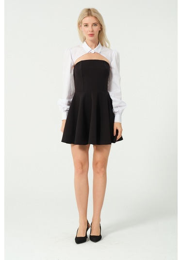 Kolluk Detay Mini Kloş Elbise Siyah Beyaz