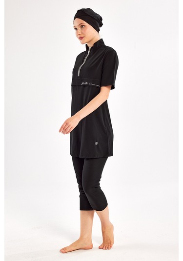 Kısa Kollu Spor Likra Yarı Kapalı Mayo Yetta 1603 Siyah Siyah