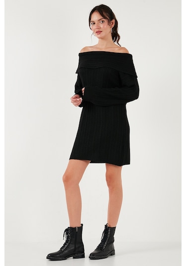 Lela Oversize Fit Kayık Yaka Uzun Kollu Mini Triko Bayan Elbise 4615218 Siyah