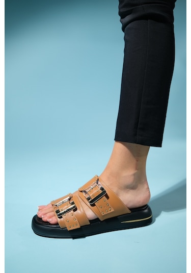 Luvishoes Zley Taba Şeffaf Tokalı Kadın Terlik Taba