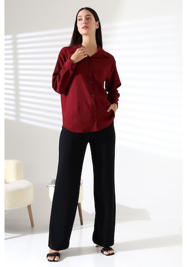 Ribana Regular Fit Uzun Kollu Durres Dokulu Kadın Gömlek Bordo Ribana Regular Fit Uzun Kollu Durres Dokulu Kadın Gömlek Bordo