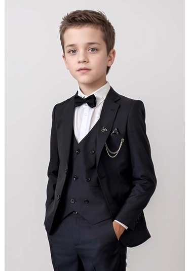 Riccotarz Erkek Çocuk Blazer Ceketli, Cepken Yelekli Siyah Takım Elbise 10-16 Yaş Siyah
