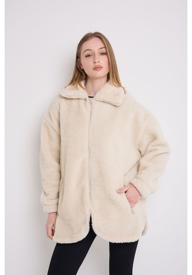 Kadın Ekru Peluş Rüzgar Geçirmez Welsoft Çift Cepli Kışlık Mont Kaban Ekru