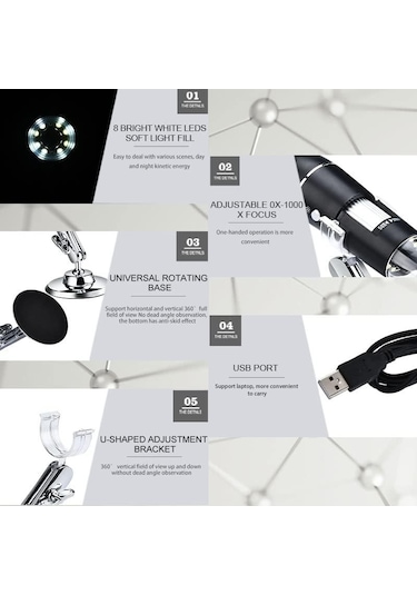 Mikroskop Aksesuarları Kiti 500x 1000x 1600x Elektronik Dijital Mikroskop Usb Elde Taşınır