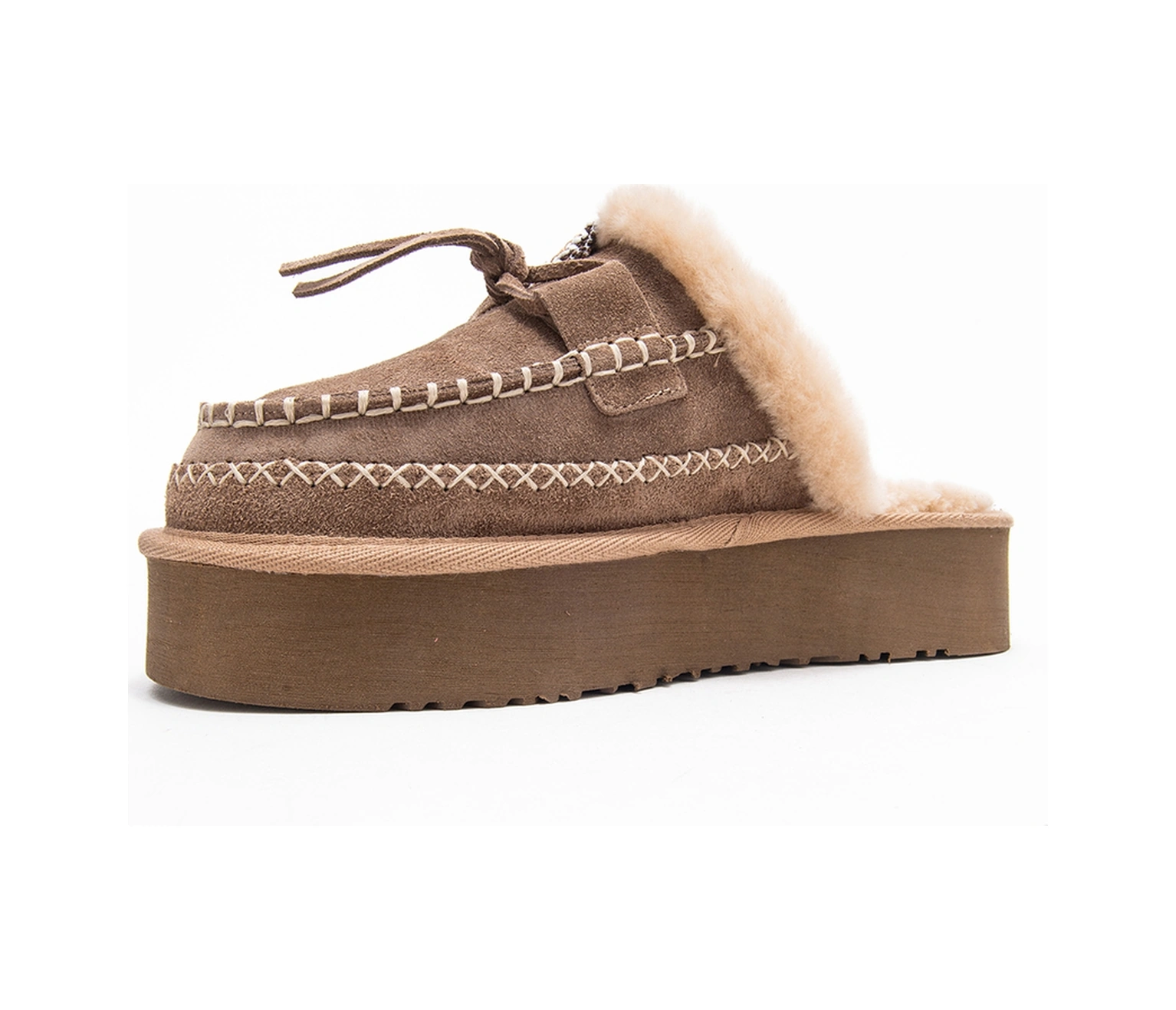 Yalına Kum Süet Hakiki Deri Dikişli Kürklü Kadın Platform Tabanlı Makosen Terlik Kum