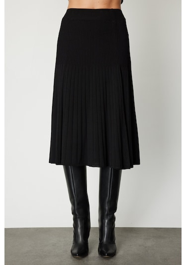 On Kadın Piliseli Midi Triko Etek 69201 Siyah Siyah