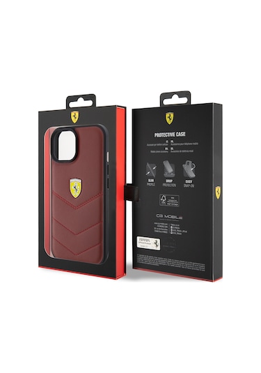 İphone Uyumlu 15 Kılıf Ferrari Lisanslı Deri Dikişli Arka Yüzey Metal Logo Tasarımlı Kapak Kırmızı