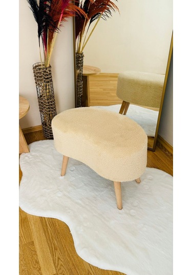 Fasulye Model Ahşap Ayaklı Teddy Kumaş Dekoratif Puf Bench Ekru