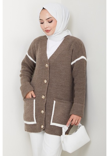İlge Düğmeli Triko Hırka 1597 - Açık Kahve Sütlü Kahve