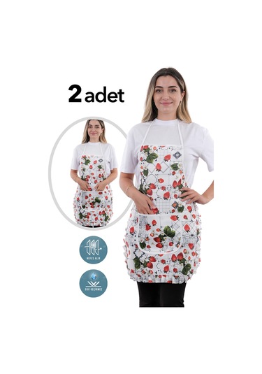 Jarse Frilly İkili Paket Sıvı Geçirmez Su Geçirmez Mutfak Önlüğü Çilek
