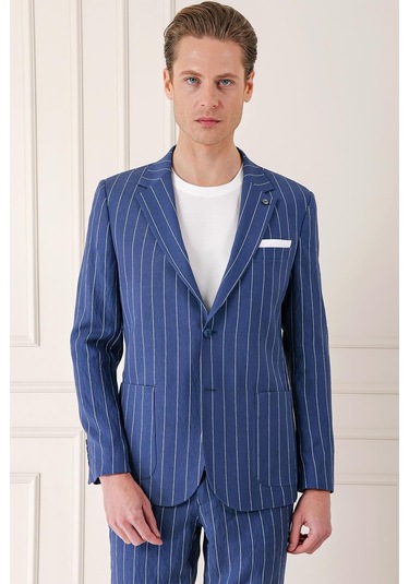 Comfort Fit Çift Yırtmaç İtalyan Çizgili Keten Casual İndigo Ceket C 671 Indıgo