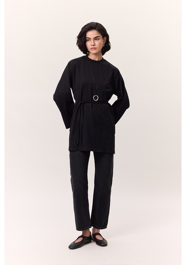 Bağlama Detaylı Oversıze Tshırt Siyah Siyah