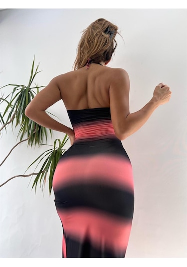 Pembe Siyah Degrade Desen Derin Yırtmaçlı Göğüs Dekolteli Midi Elbise Pembe - Siyah