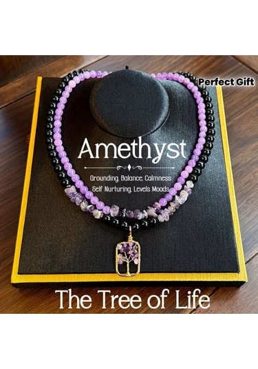 Willowhaven 2 Adet Doğal Ametist Kolye Hayat Ağacı Çift Katman Mor Siyah Günlük Takı