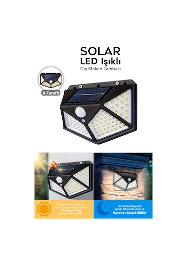 1 Adet Güneş Enerjili Duvar Lambası - Solar 100 Led Işık 3 Modlu Hareket Sensörlü Bahçe Aydınlatma Siyah