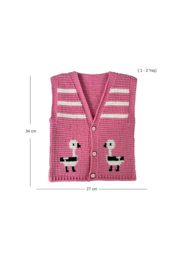 Uretti - Çiğdem 1390 3561 El Örgüsü Ördek Desenli Örgü Yelek /1 - 2 Yaş Pembe