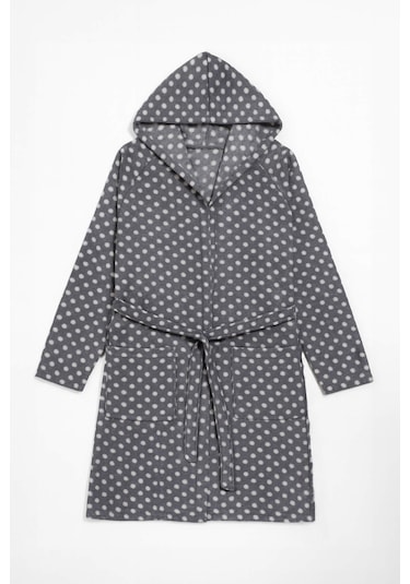 Kadın Kapüşonlu Puantiyeli Polar Sabahlık Gri
