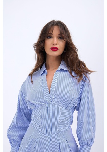 6558 Elbise-mavi Beyaz Çizgili Altın