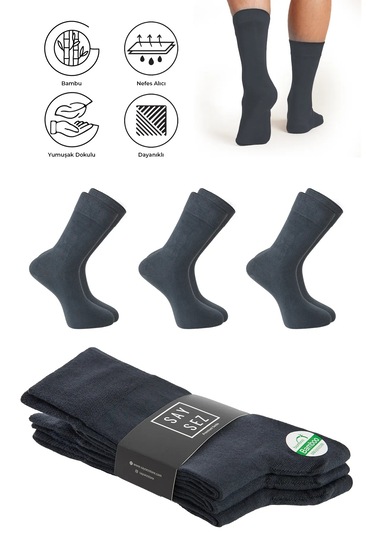 Bambu Erkek Soket Uzun Füme Çorap Dikişsiz Premium Paket 3'lü Füme