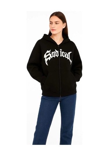 Kadın Oversize Kapüşonlu Sweatshirt Hoodie 3 İplik Şardonlu Pamuklu Kumaş, Önü Baskılı, Fermuarlı R Siyah