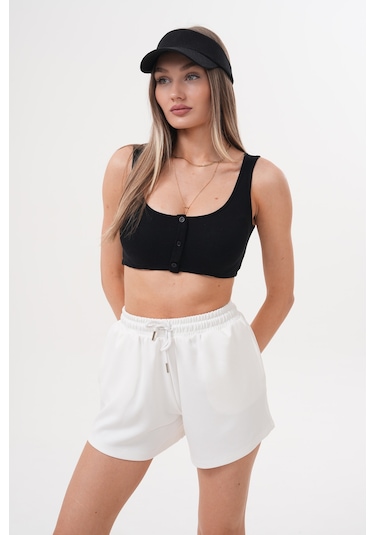 Genius Store Kadın Modal Şort Beli Lastikli Cepli Şort Modal-şort Beyaz