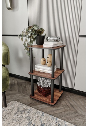 3 Katlı Dekoratif Kare Kitaplık Ceviz Ceviz