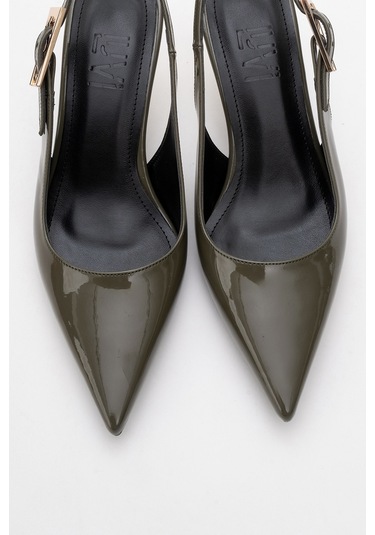 Arty Haki Rugan Sivri Burun Arkası Açık Kadın İnce Topuklu Ayakkabı Haki