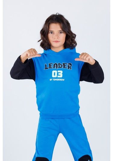 Erkek Çocuk Leader Baskılı Örme Basic Eşofman Takımı Mavi